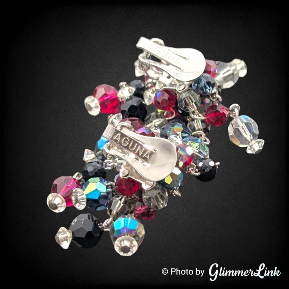 VTG 50s LAGUNA Multicolor Cha Cha Beaded Cluster Silver Tone  Clip On Earrings - Picture 8 of 10